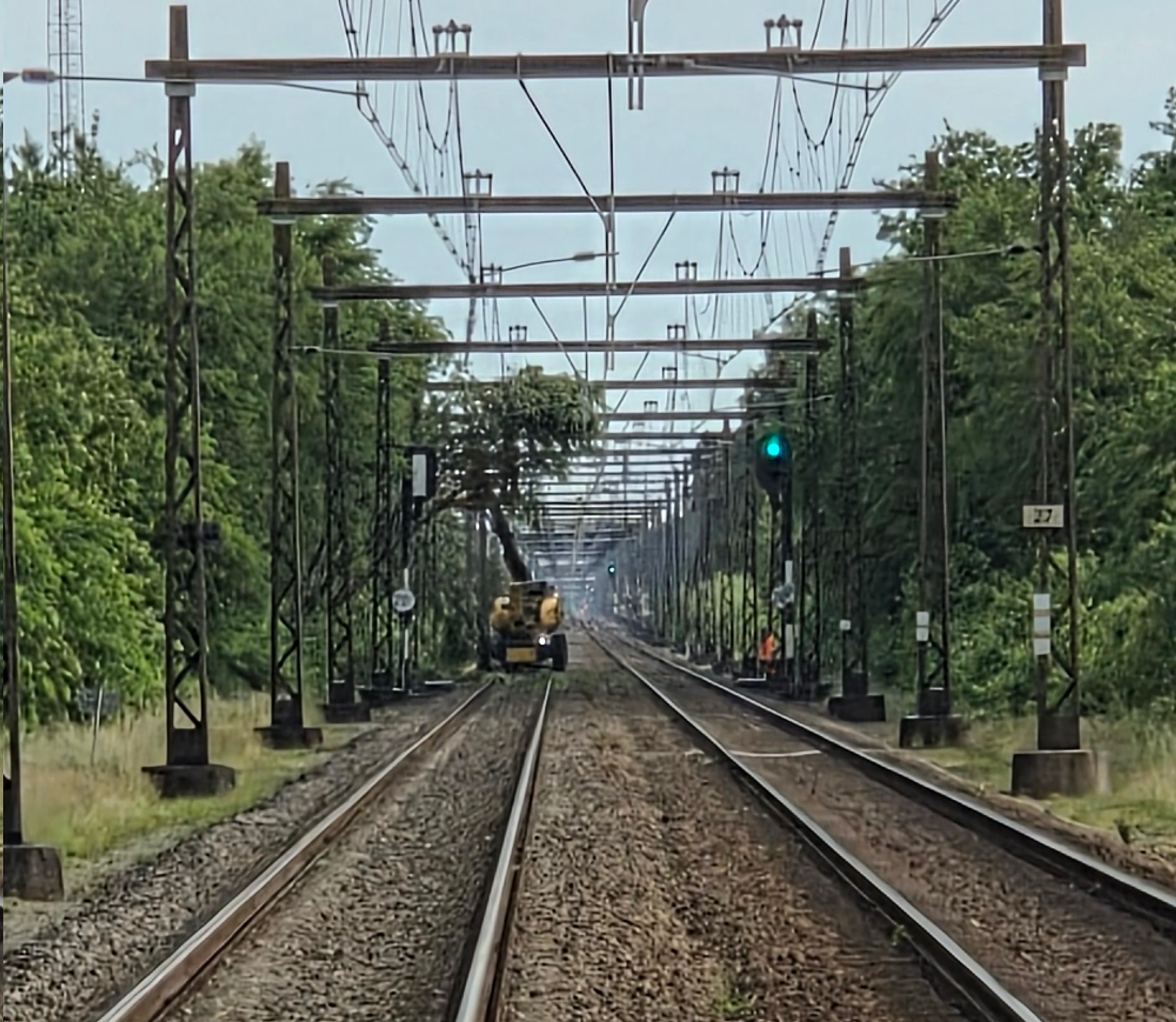 Een krol, een hijskraan die over het spoor kan rijden, verwijdert een boom van de bovenleiding bij Beilen