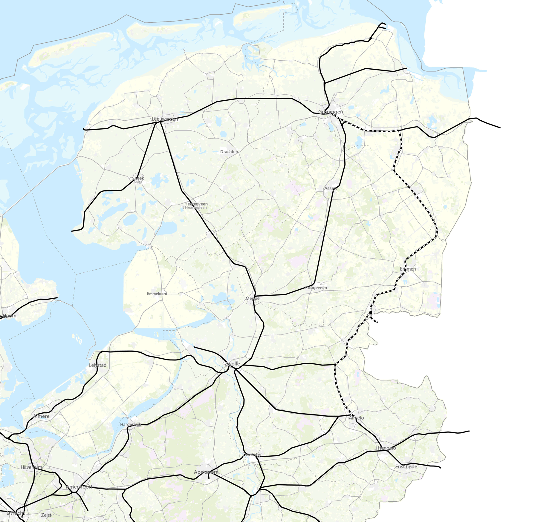 De stippellijn is de beoogde Nedersaksenlijn.