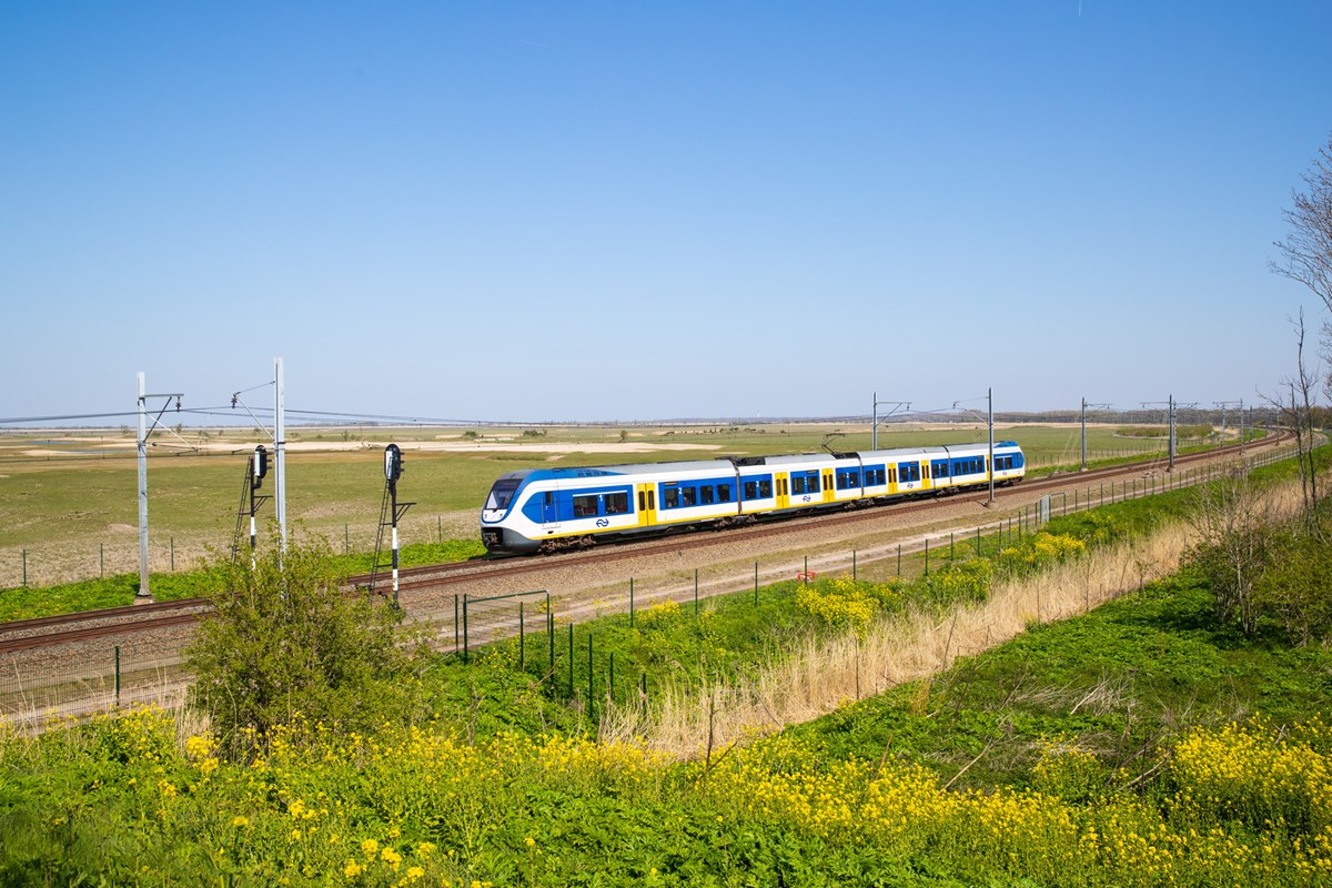 De trein over het Badkuiptracé langs de Oostvaardersplassen