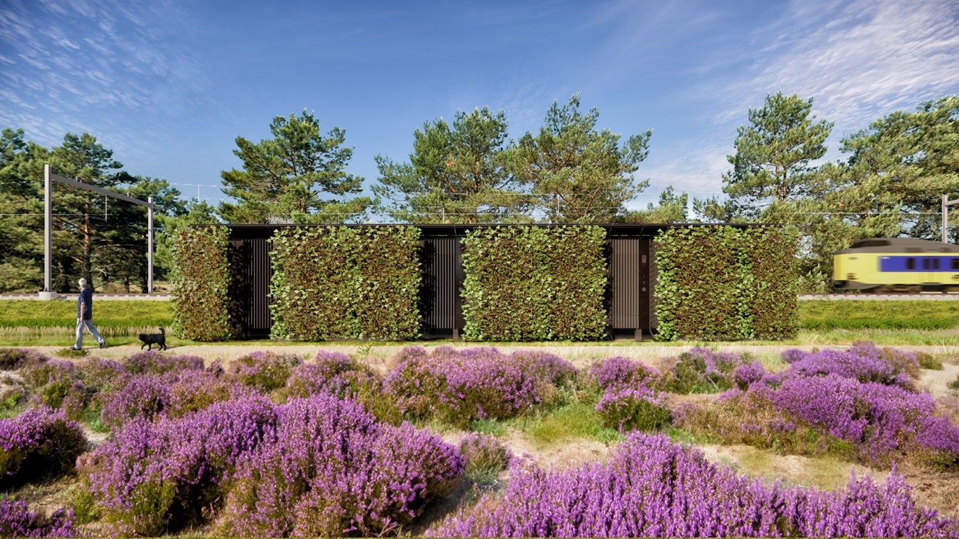 Het gebouw leent zich voor plantengroei en gaat op in het omliggende landschap