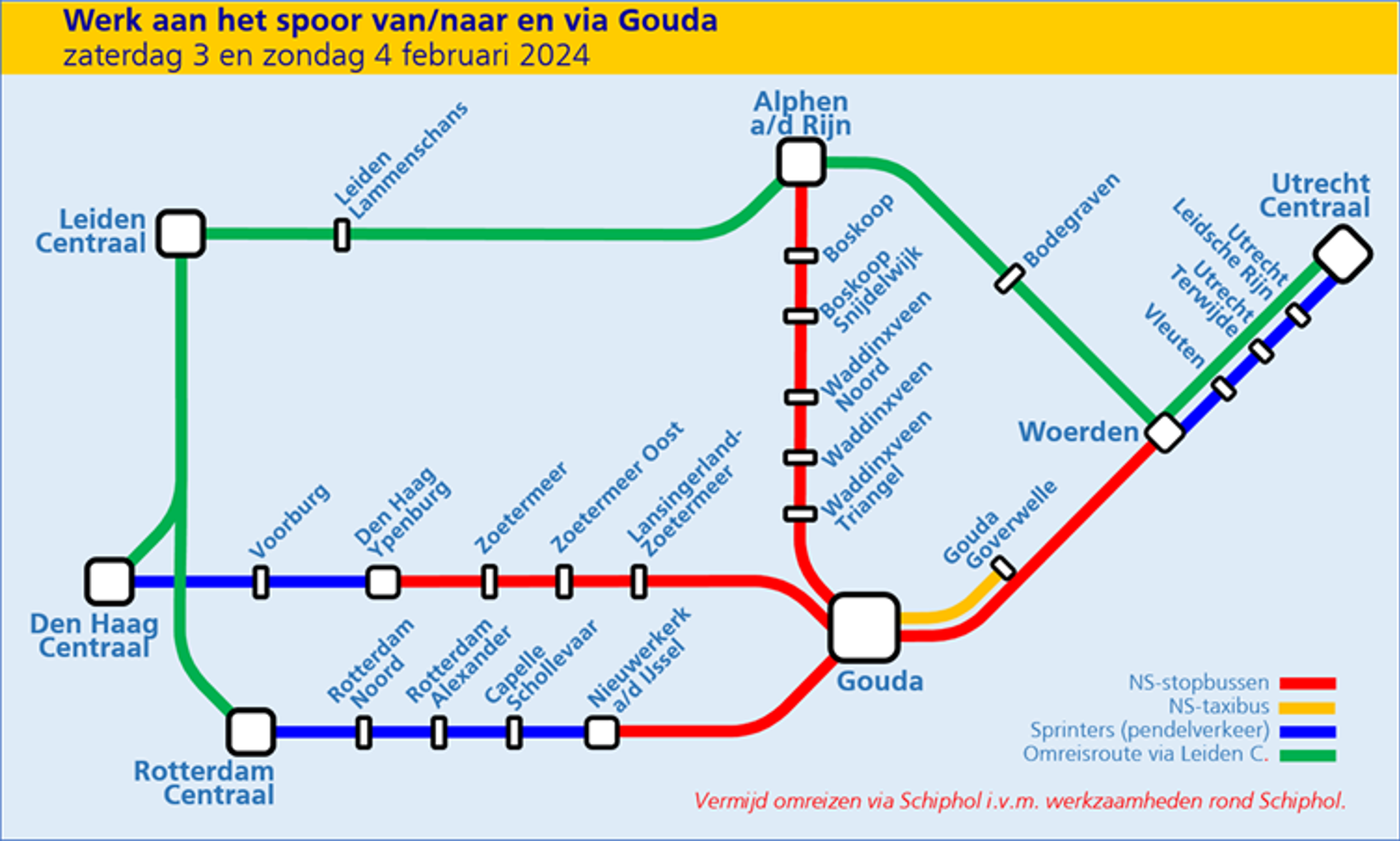 Reizen van, naar of via Gouda in het weekend van 3 en 4 februari