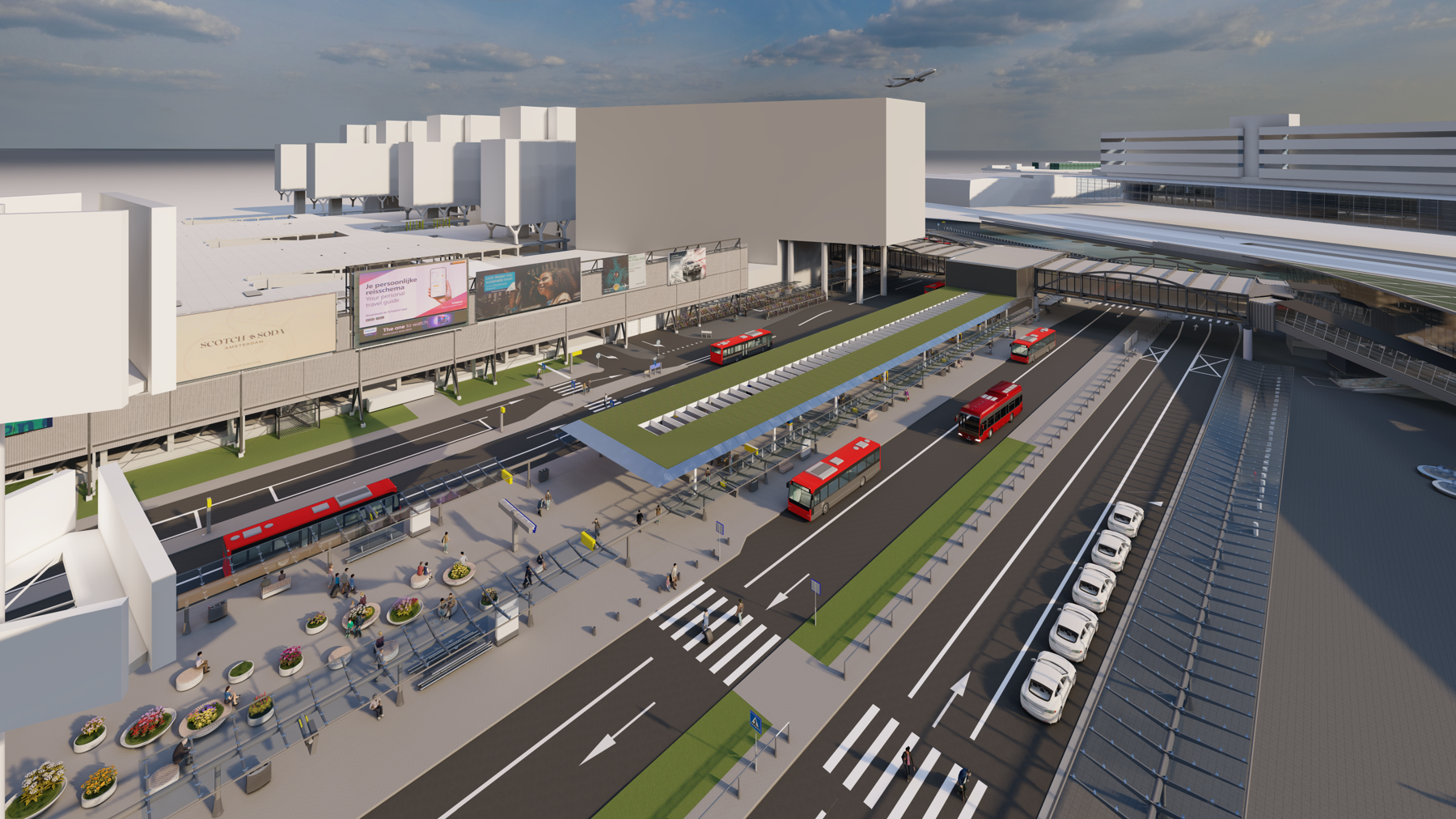Artist impression van het nieuwe busstation Schiphol