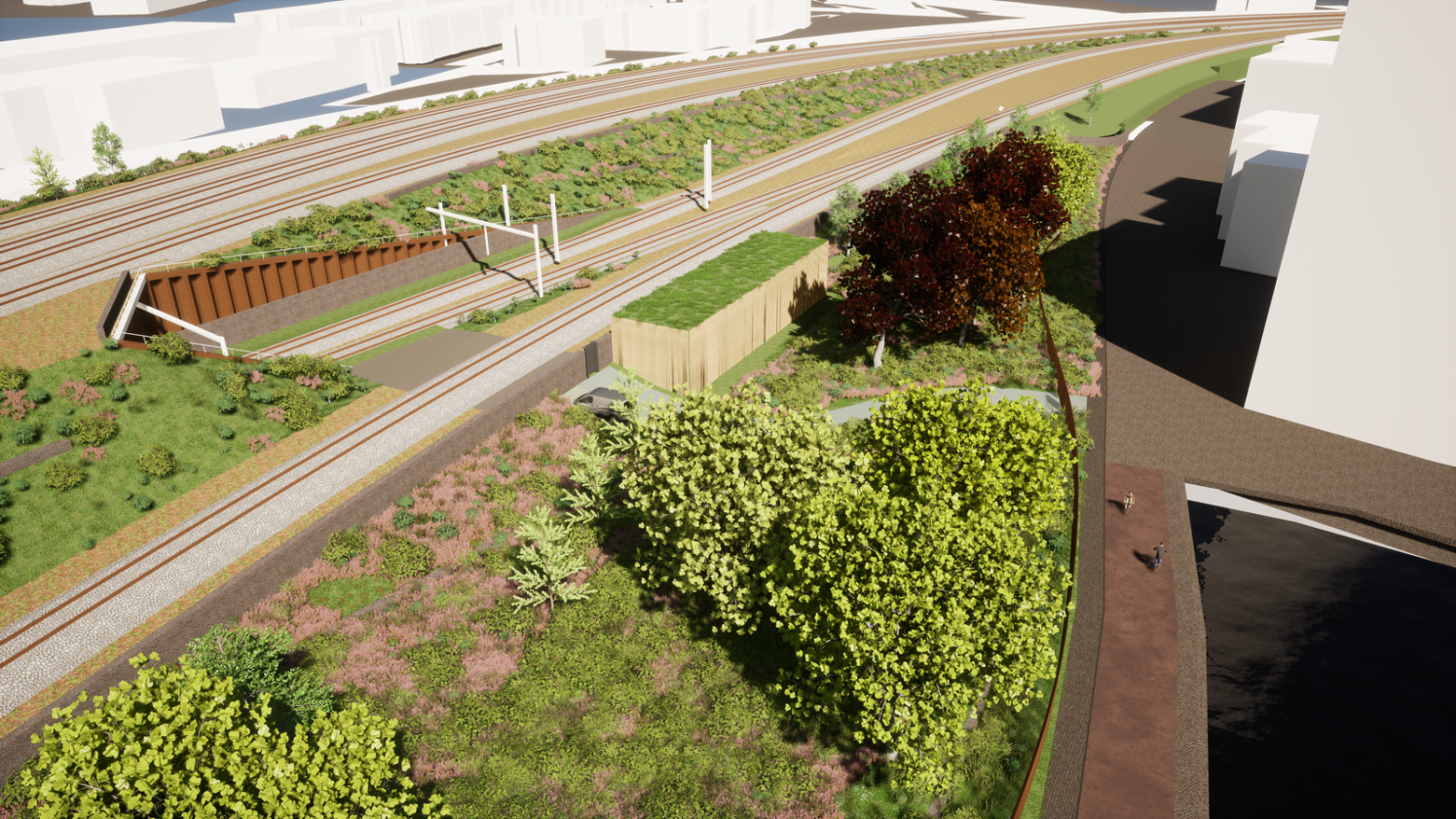 Relaishuis 3. Deze visual is een getekende impressie en verbeeldt het volume, niet de vormgeving. Deze wordt nog nader uitgewerkt