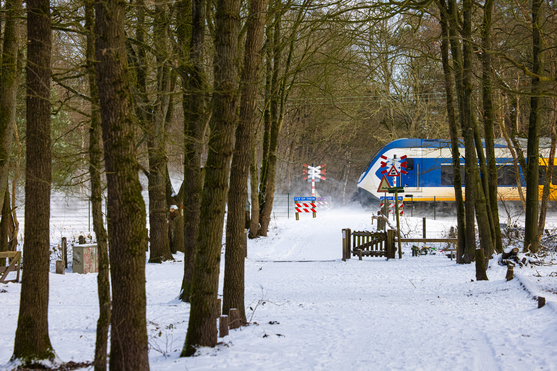Sprinter in de sneeuw bij een overweg