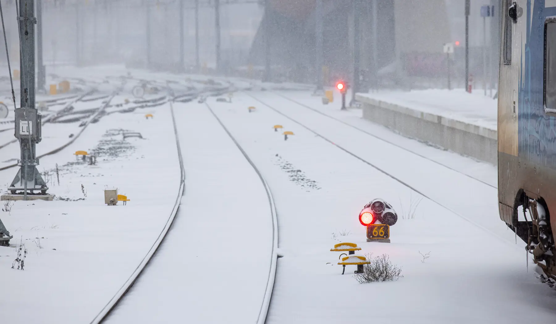 Het spoor bij station Zwolle in de sneeuw