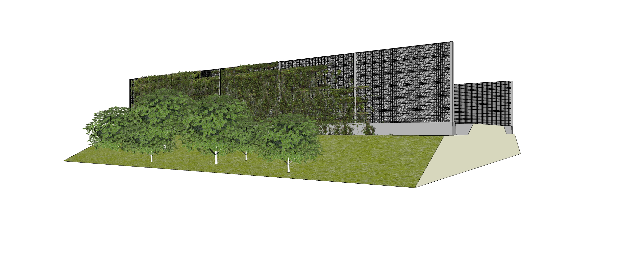 Cassettescherm met schanskorf en klim-en struikbeplanting