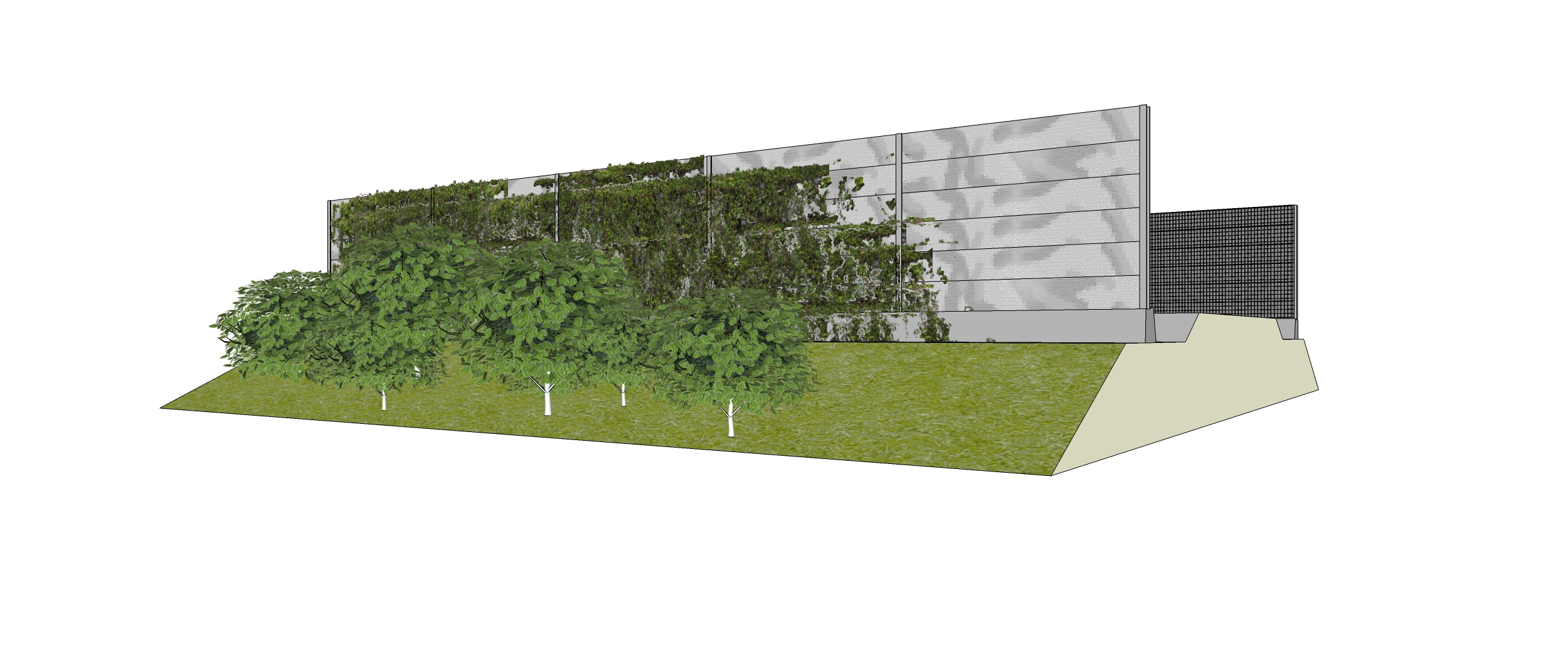 Cassettescherm met geperforeerde plaat en klim-en struikbeplanting