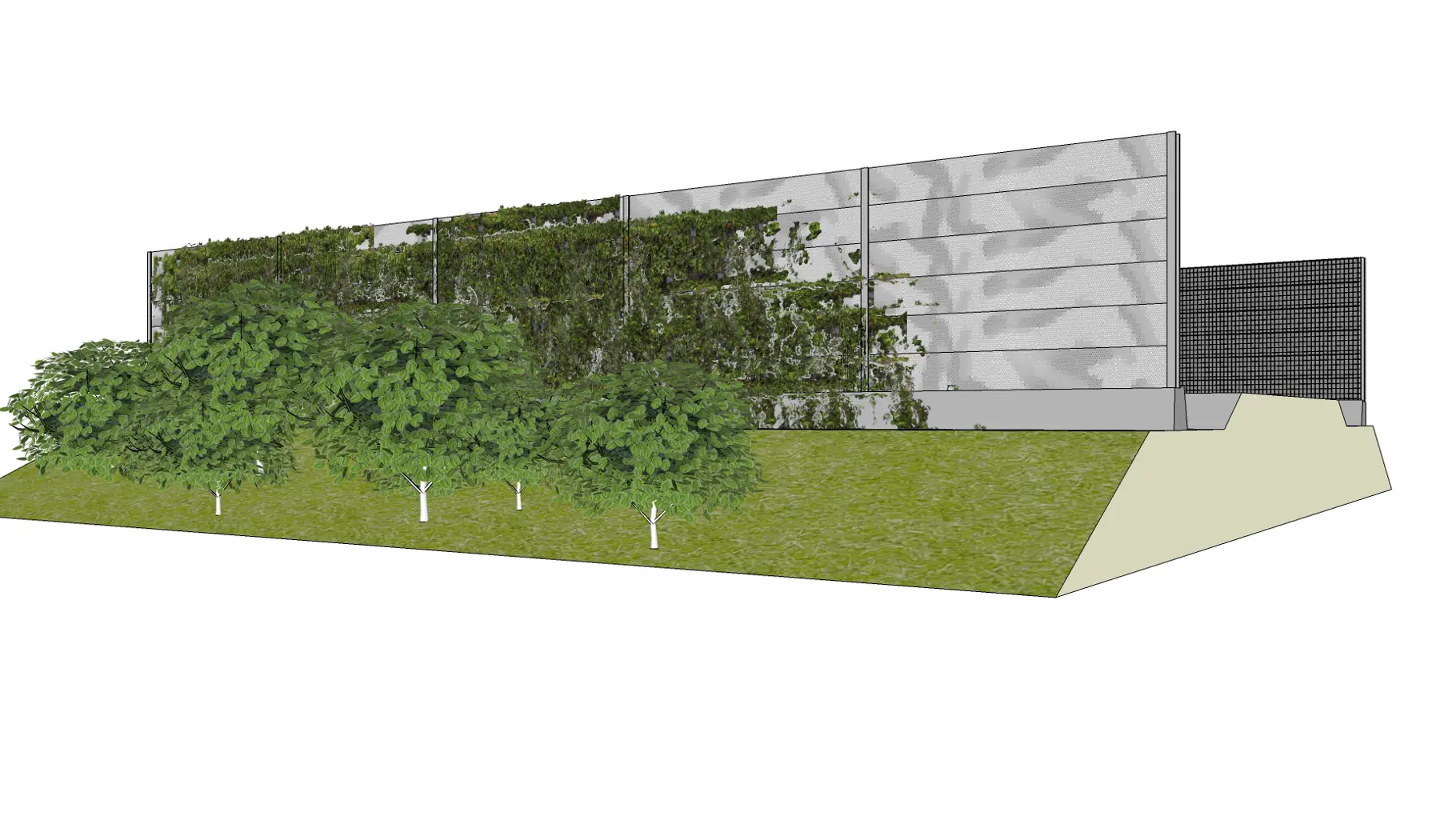 Cassettescherm met geperforeerde plaat en klim-en struikbeplanting