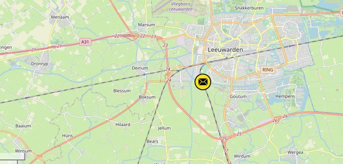 Kaart met daarop de locatie van de defecte spoorbrug