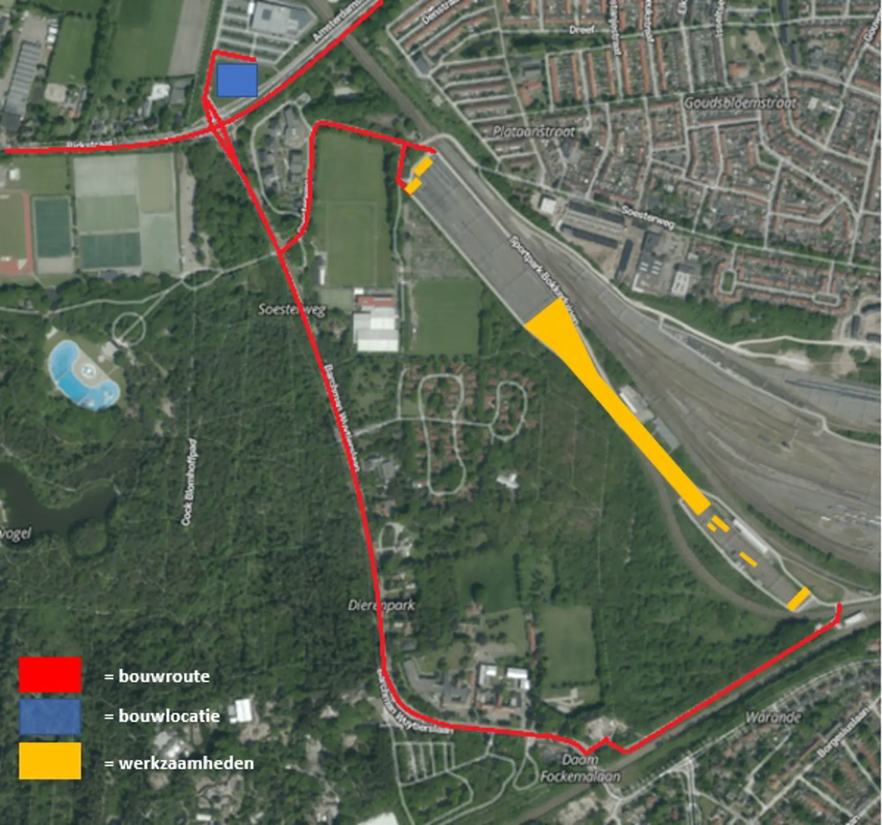 Kaart met daarop de werkzaamheden en bouwroutes in Amersfoort