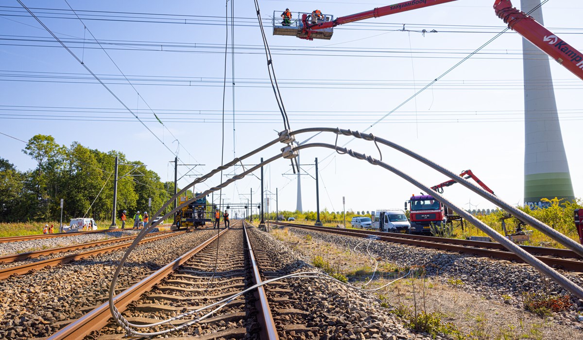 Inspecties en werkzaamheden aan de stroomvoorziening lang het spoor  bij Swifterbant, 3 september 2022