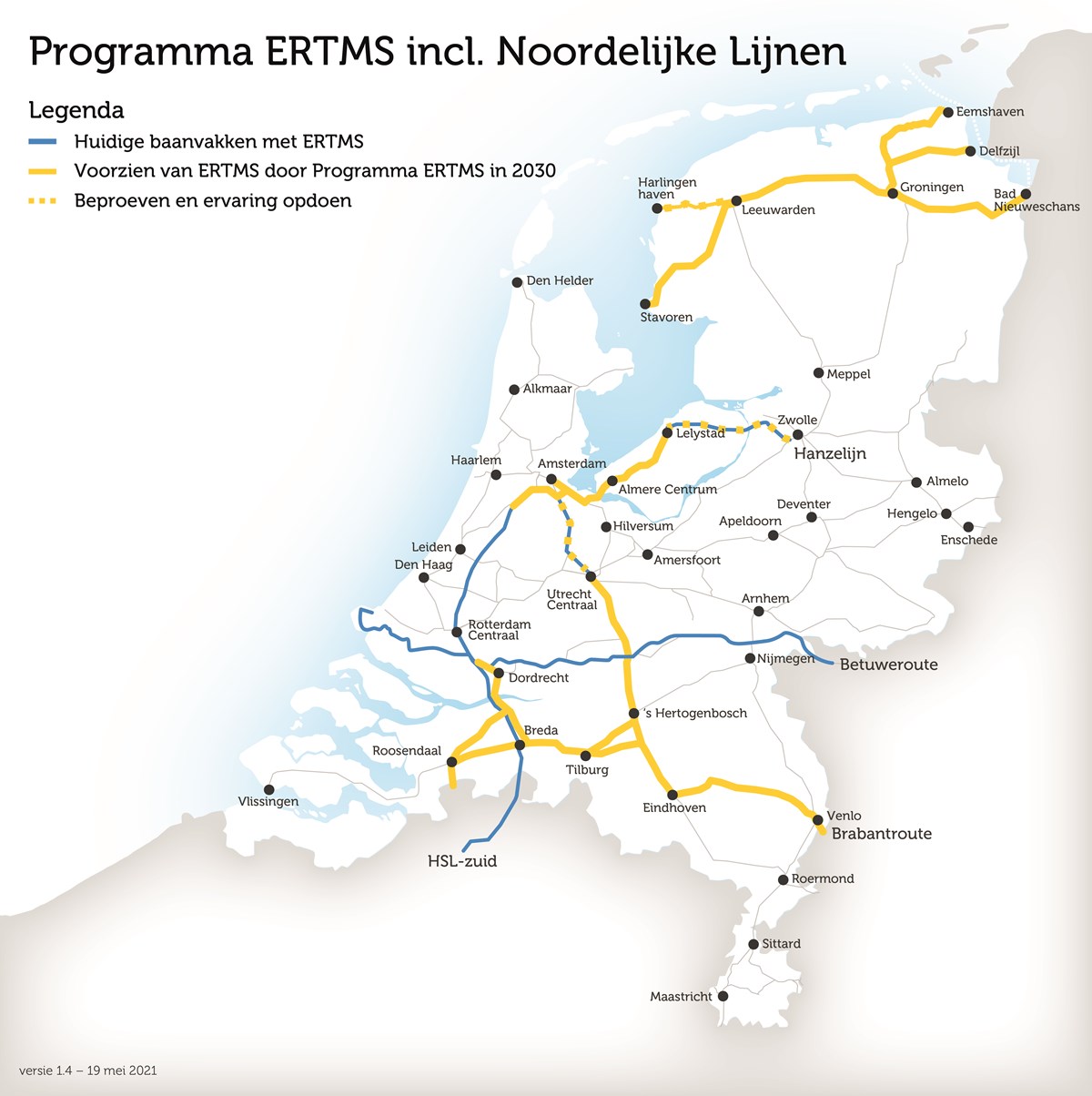 Op deze kaart staan de baanvakken die al ERTMS hebben of nog krijgen