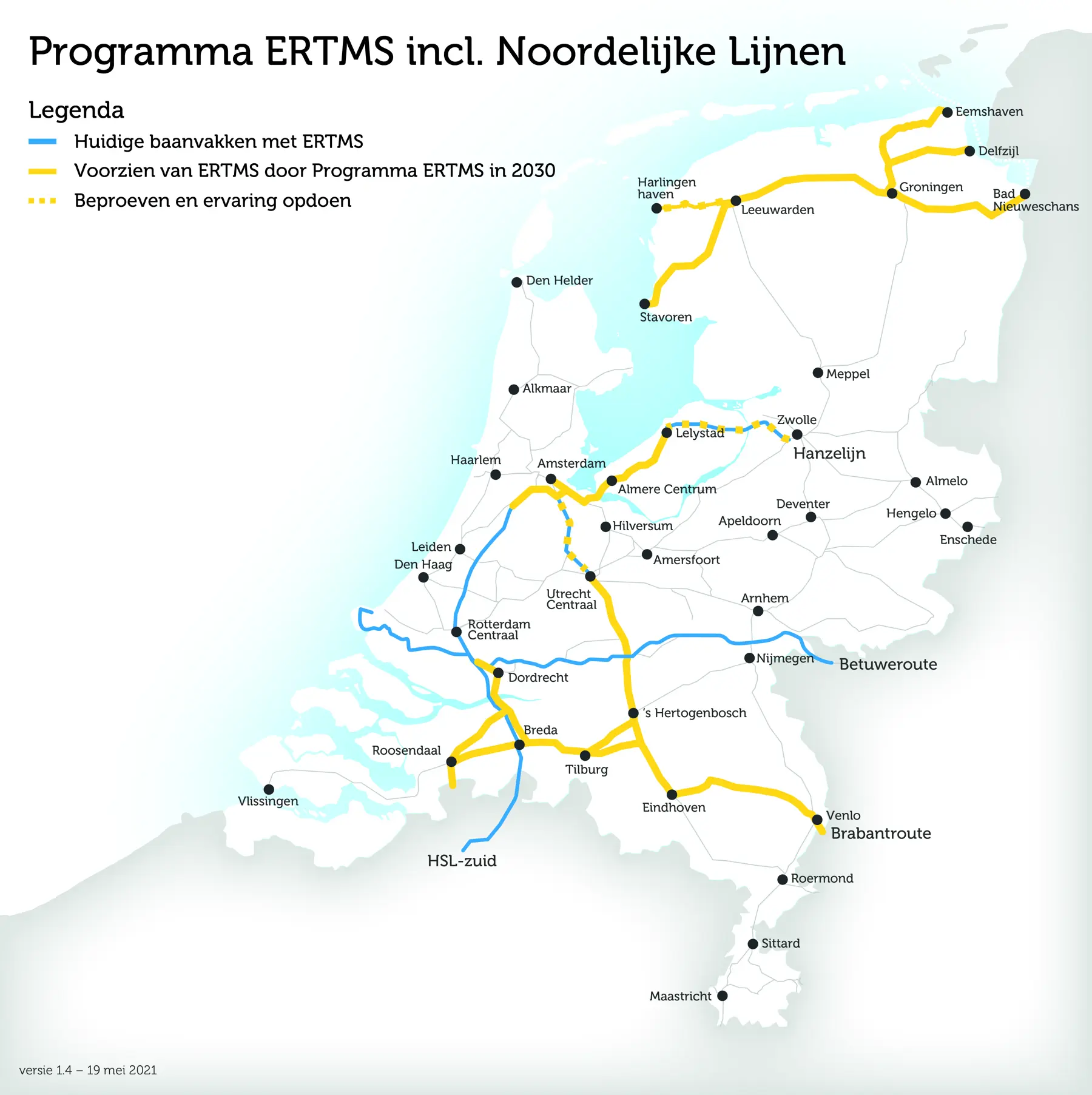 Op deze kaart staan de baanvakken die al ERTMS hebben of nog krijgen