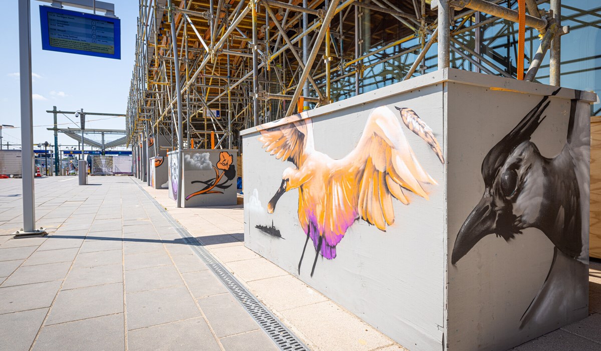 De bouwwanden op station Leeuwarden zijn door kunstenaars onder handen genomen