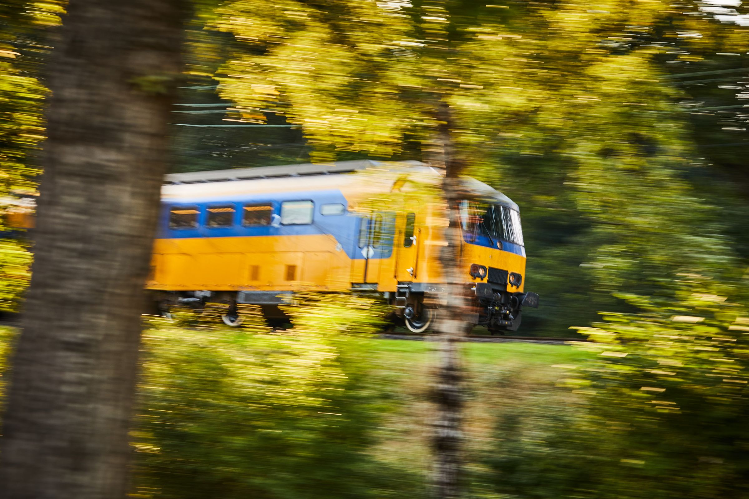 Trein in een herfstig landschap
