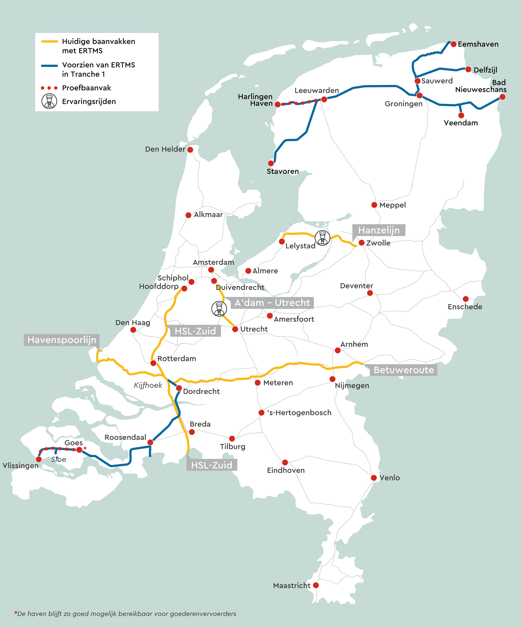 ERTMS-baanvakken op een kaart