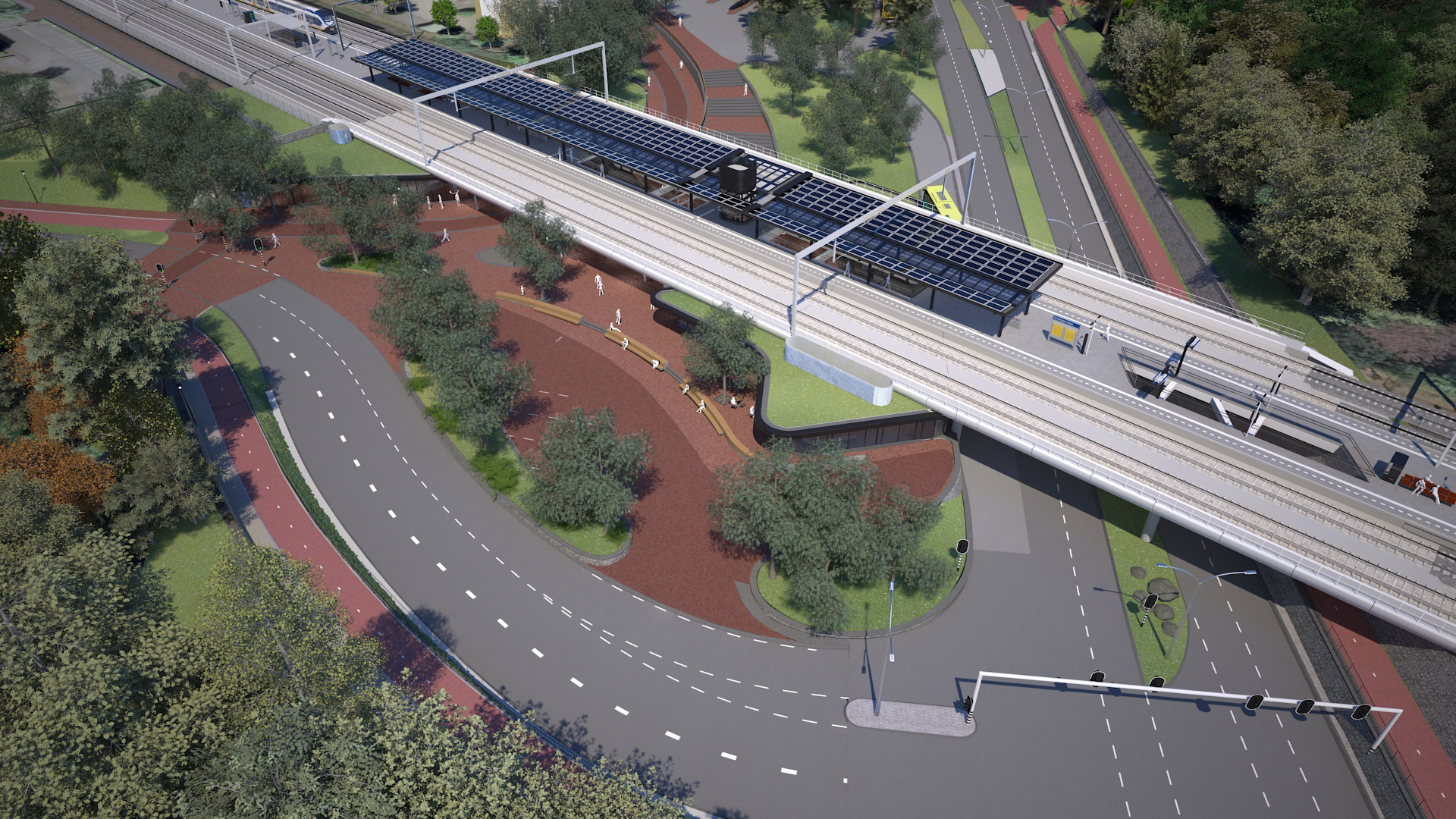 Het nieuwe OV-knooppunt van bovenaf (impressie)