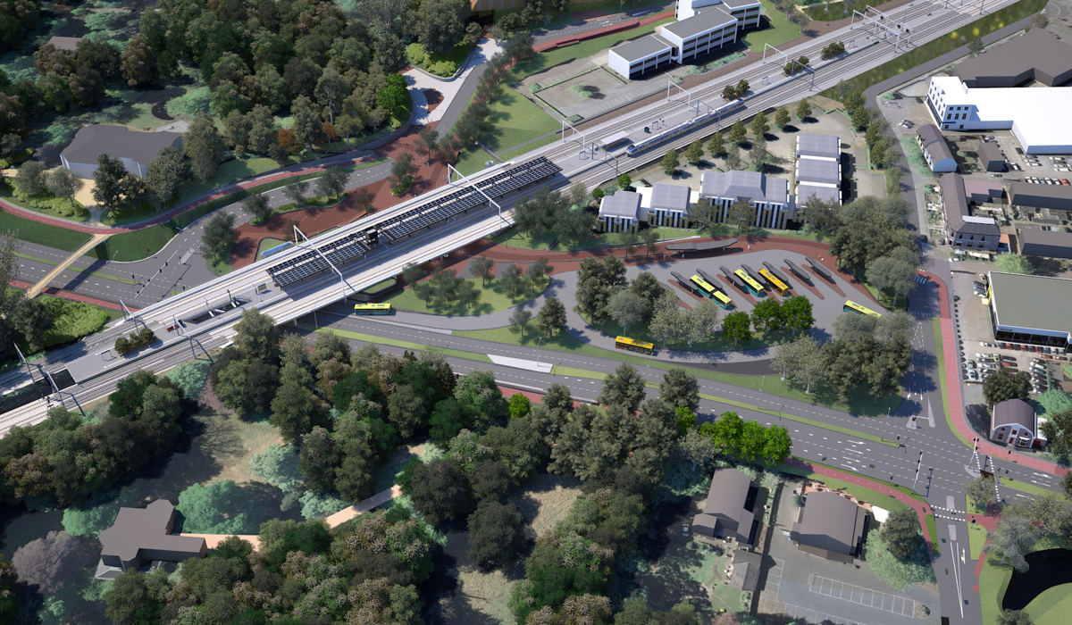 Stationsgebied van bovenaf (impressie)
