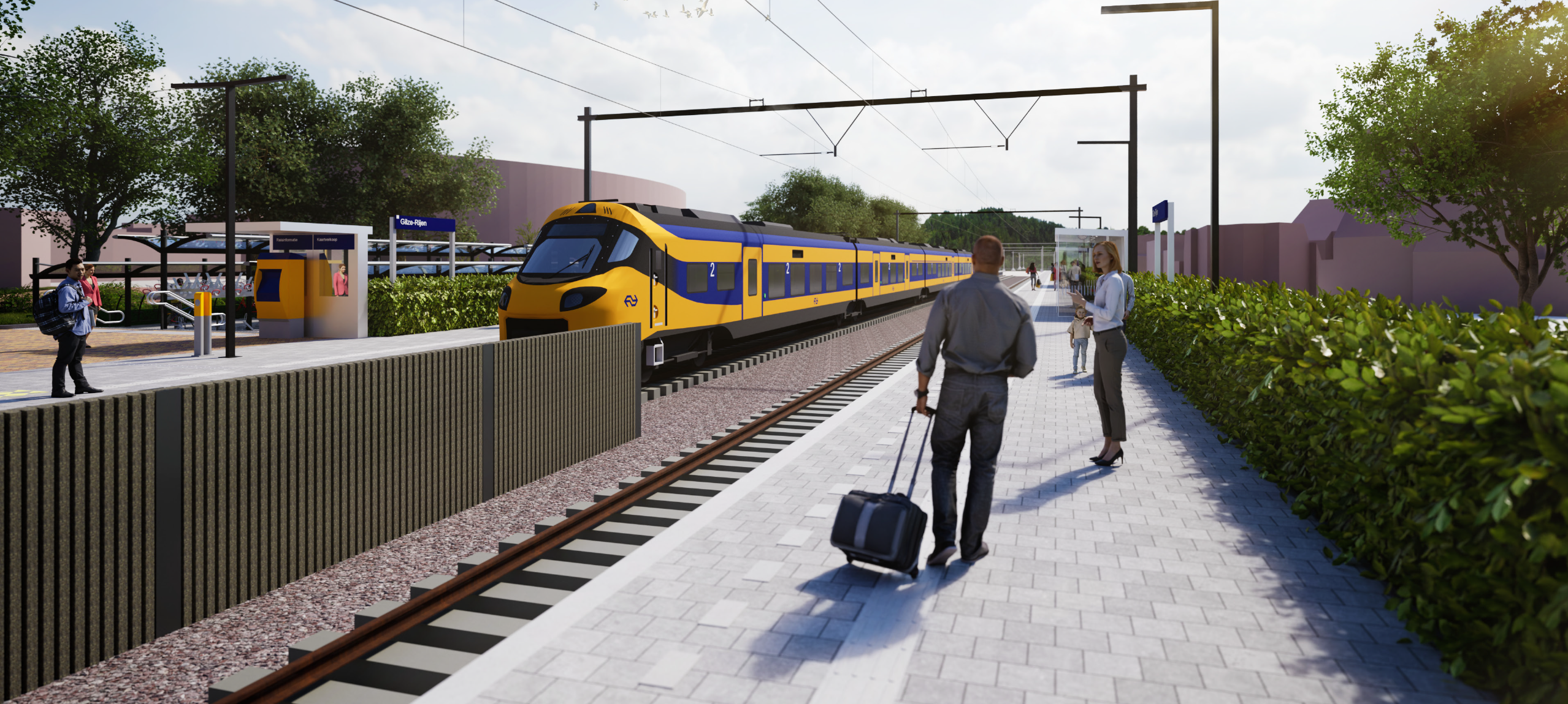 twee zijperrons met geluidscherm in het midden