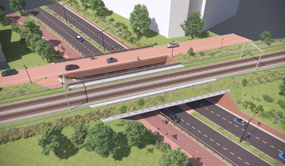 Impressie: na de bouw kunnen zowel treinen als lokaal verkeer ongelijkvloers de Zuidangent oversteken