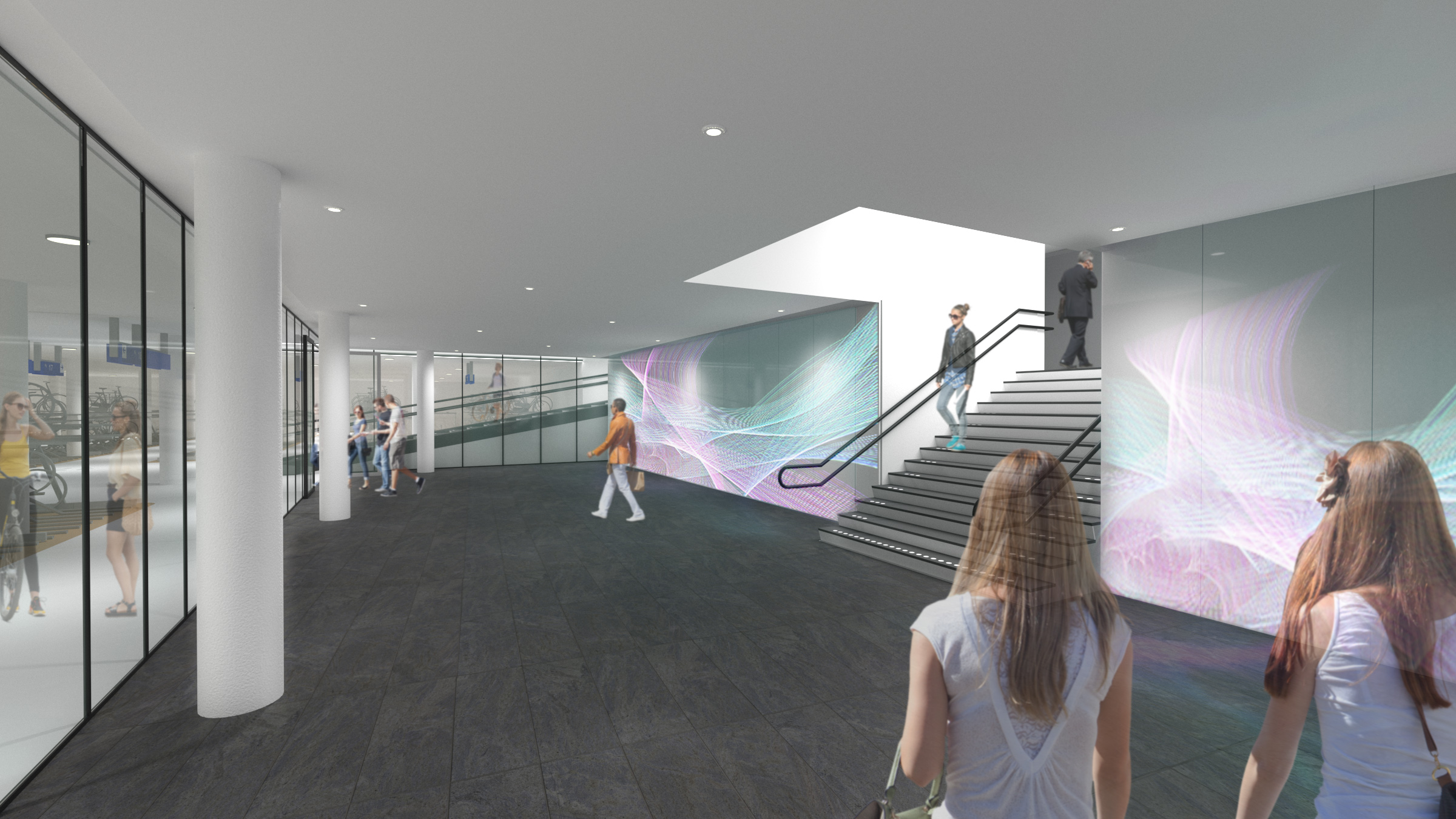 Impressie van de fietsenstalling Eindhoven Centraal - hal naar stationshal en verbinding beide stallingen