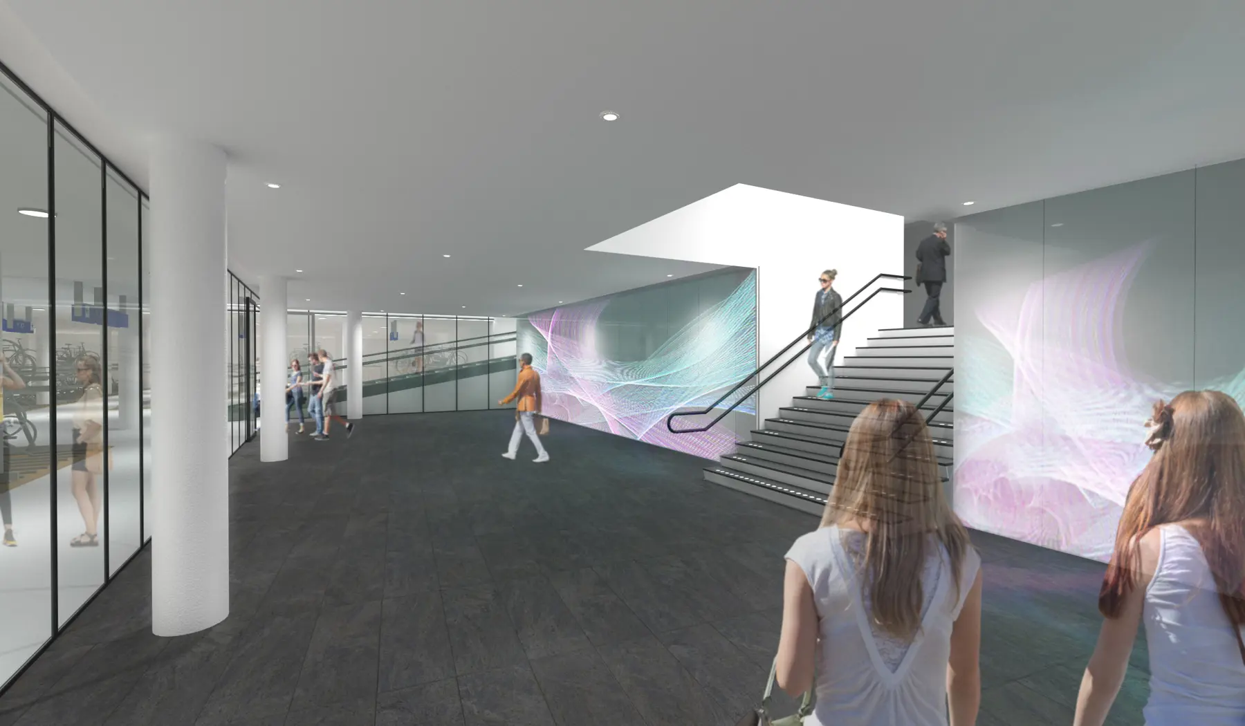 Impressie van de fietsenstalling Eindhoven Centraal - hal naar stationshal en verbinding beide stallingen