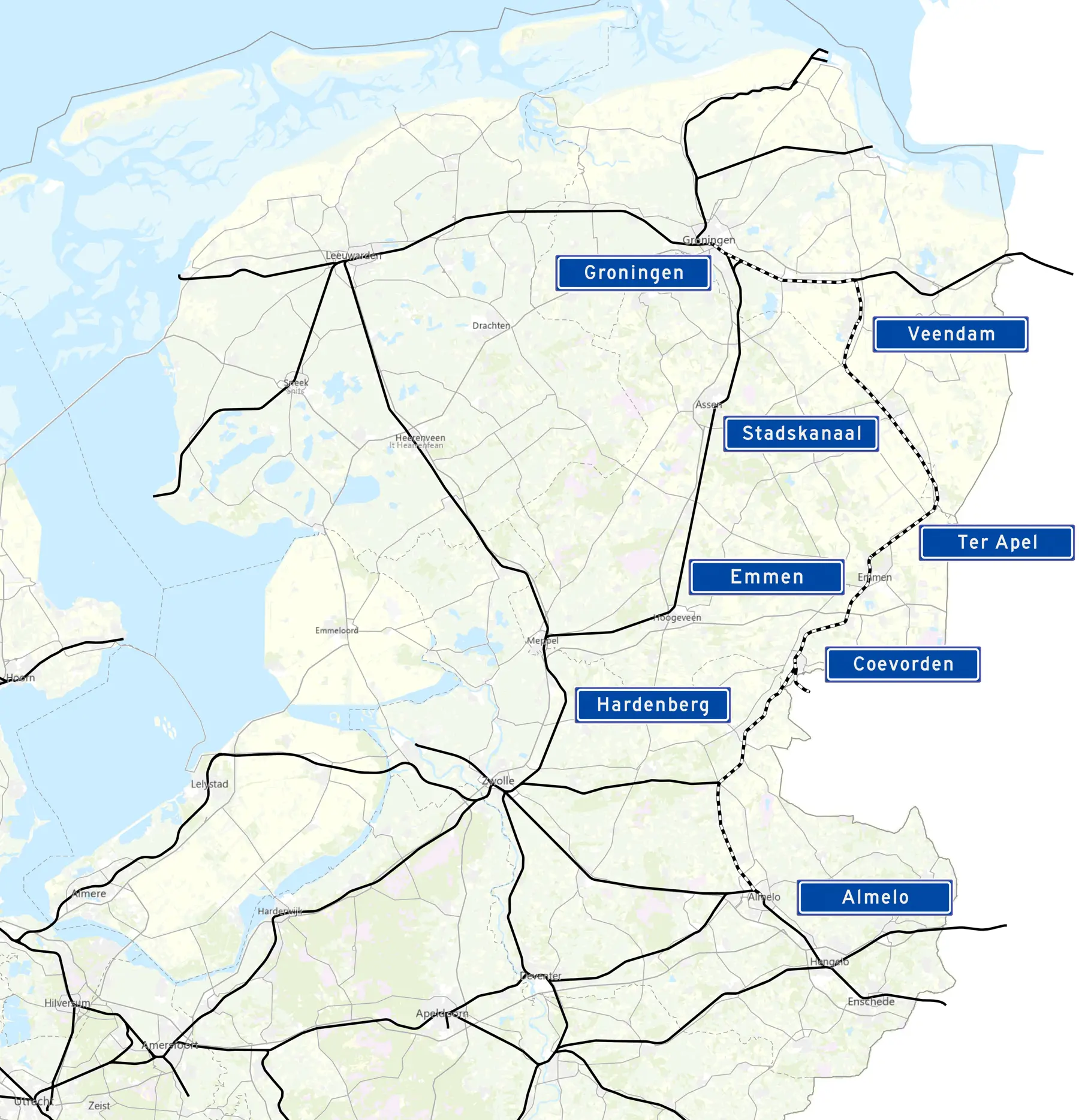 Mogelijk traject van de Nedersaksenlijn (de exacte ligging moet nog worden bepaald)