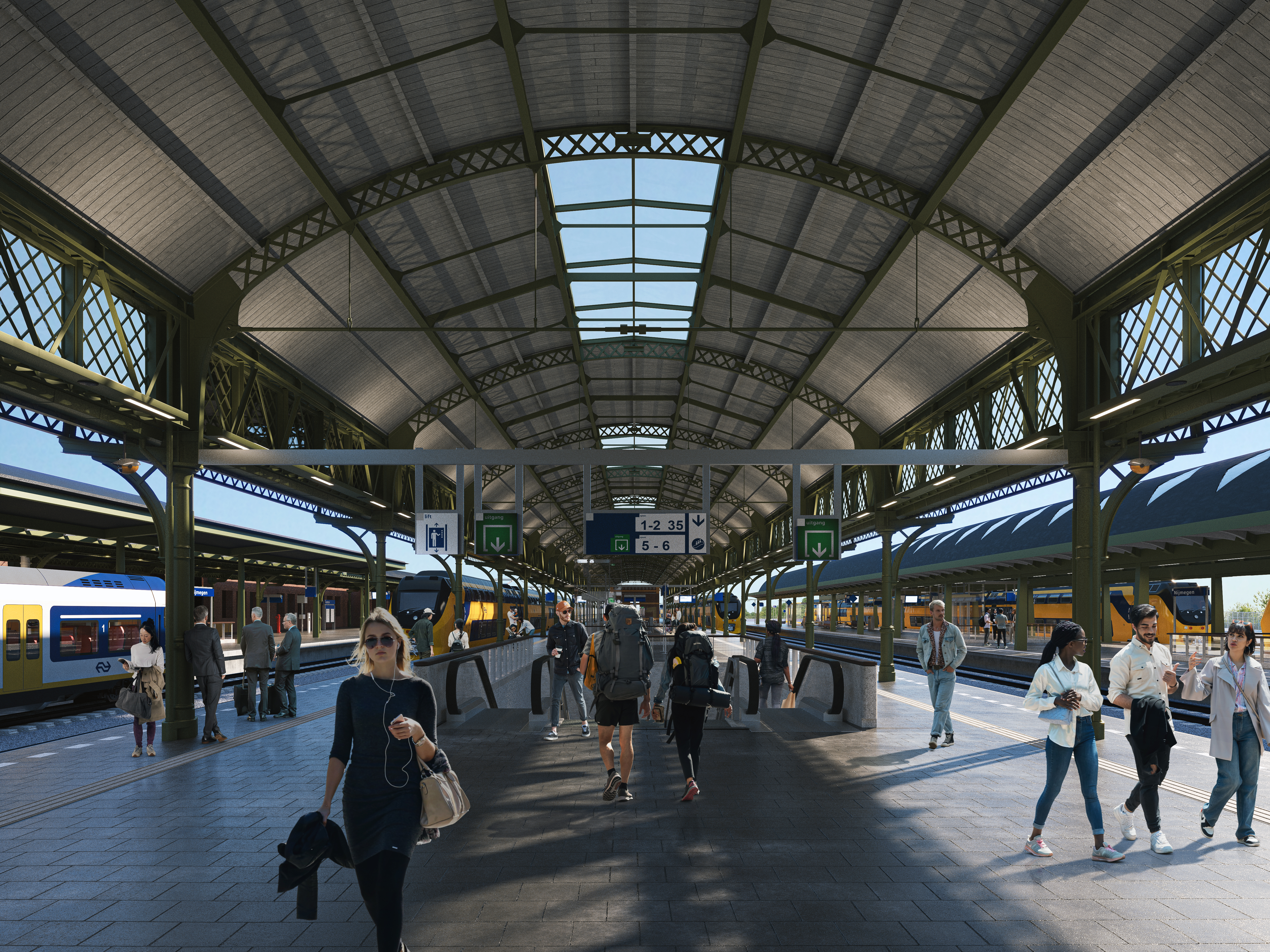 Impressie met links het verbrede perron 1a met nieuwe kap, in het midden de gerestaureerde perronkap op het eilandperron 3-4 en rechts het nieuwe eilandperron 5-6 met nieuwe perronkap