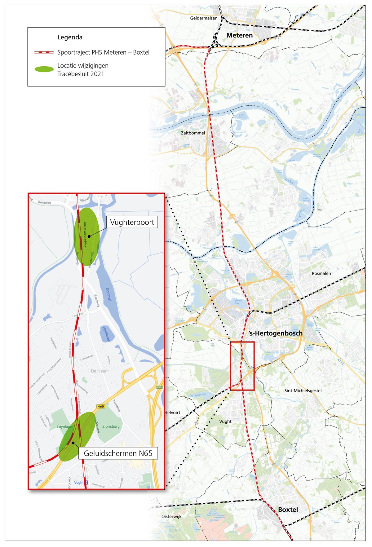 Locaties waar het gewijzigde Tracébesluit PSH Meteren-Boxtel 2021 op van toepassing is