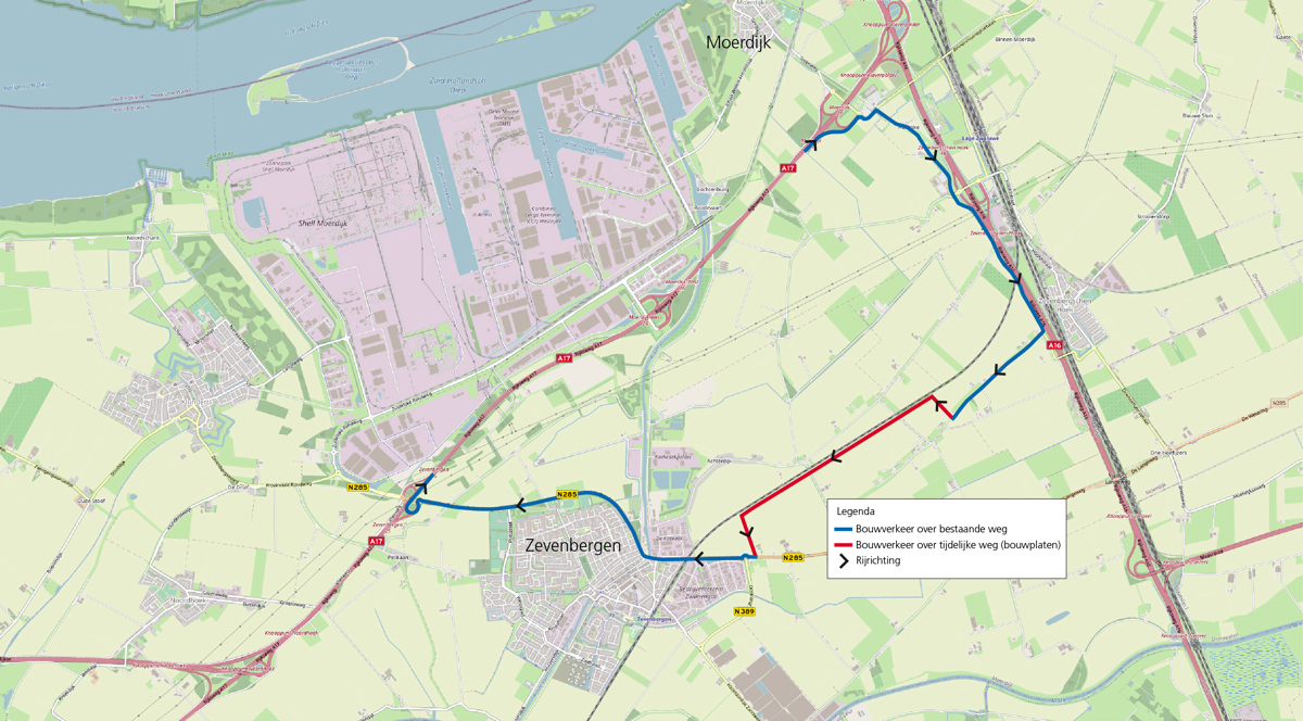 Route van het bouwverkeer op kaart