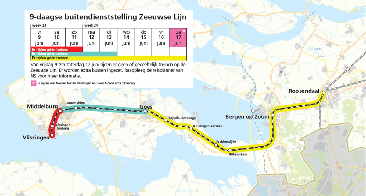 Tussen 9 en 17 juni rijden er op deze plekken op de Zeeuwse lijn geen treinen